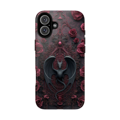Gothic Dragon Rose Phone Case – Dark Fantasy Dragon with Crimson Roses and Optional Personalized Text