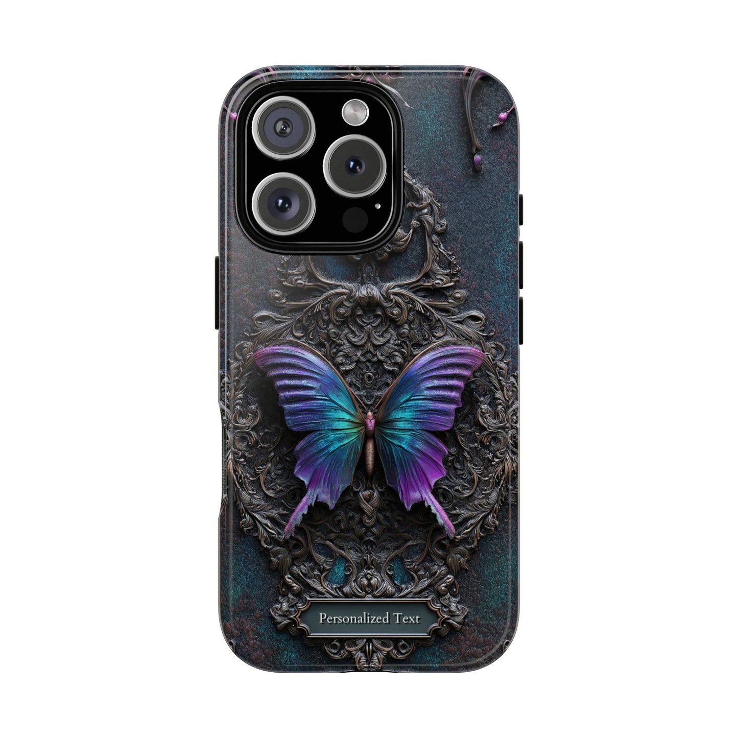 Gothic Butterfly Phone Case - Purple and Teal Wings on Ornate Frame - Personalized Text Available (GLOSSY VERSION)