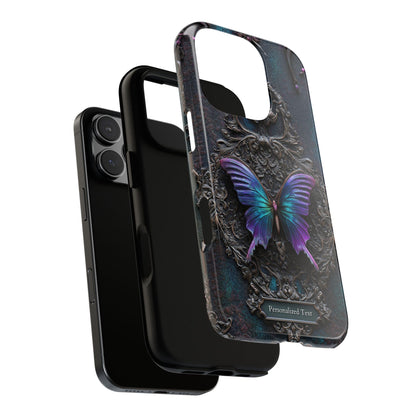 Gothic Butterfly Phone Case - Purple and Teal Wings on Ornate Frame - Personalized Text Available (GLOSSY VERSION)