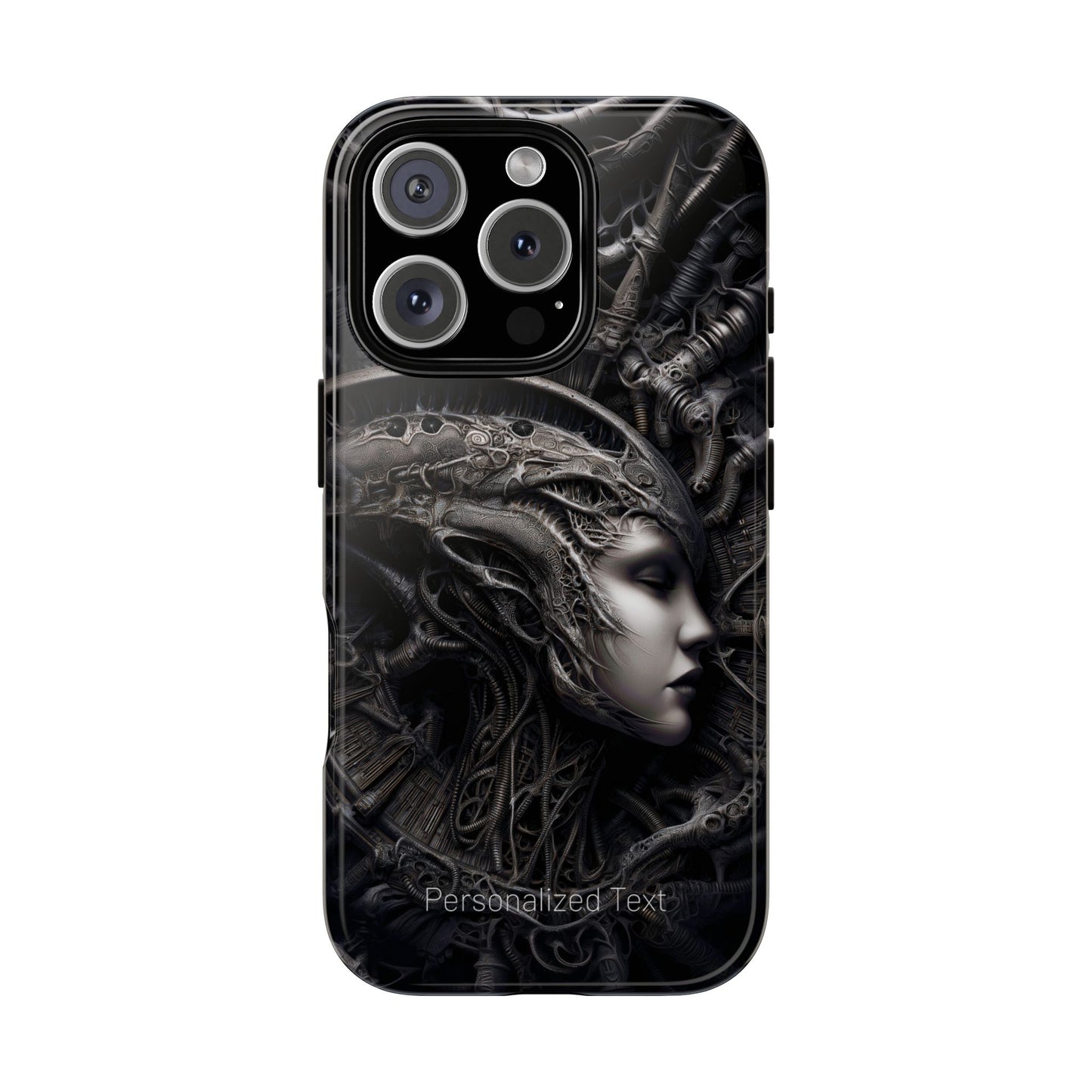 Biomechanical Gothic Phone Case – Dark Sci-Fi Alien Queen Portrait with Optional Personalized Text