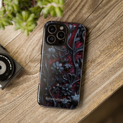 Gothic Floral Phone Case – Dark Red & Black Baroque Botanical Design with Optional Personalized Text