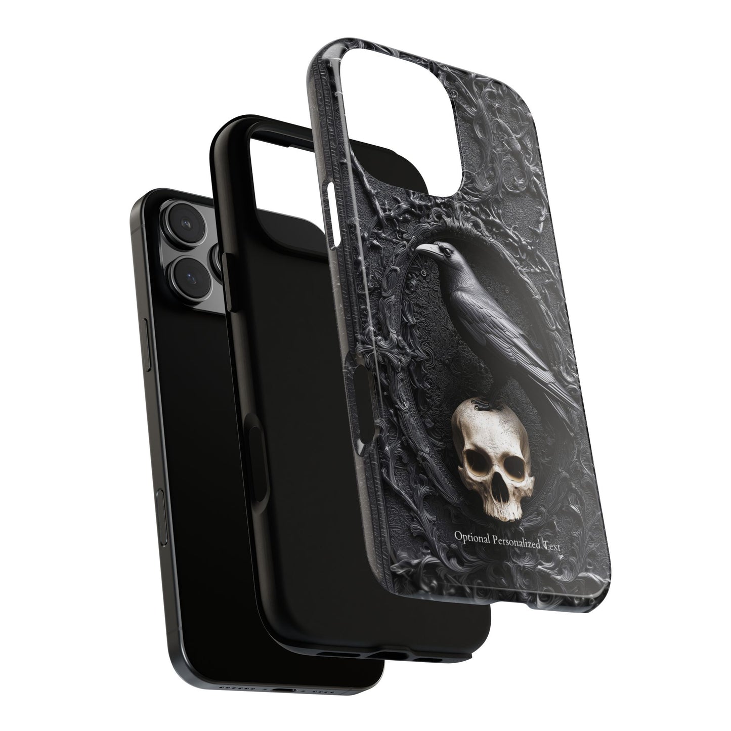 Gothic Raven and Skull Phone Case - Dark Baroque Style with Optional Personalized Text (GLOSSY VERSION)