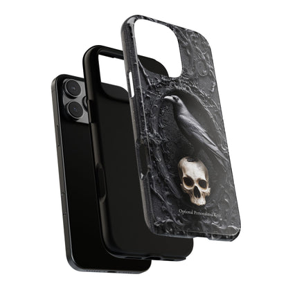 Gothic Raven and Skull Phone Case - Dark Baroque Style with Optional Personalized Text (GLOSSY VERSION)