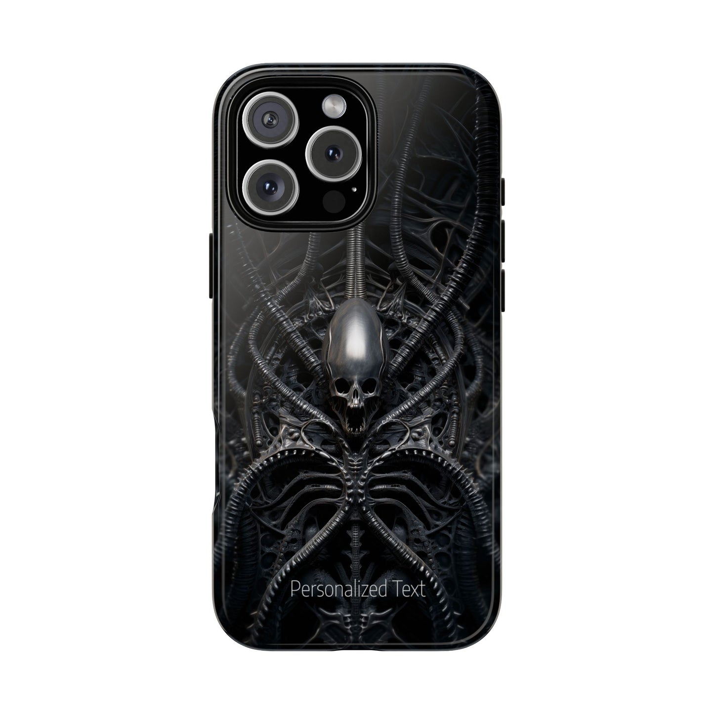 Biomechanical Skull Phone Case – Dark Sci-Fi Gothic Design with Optional Personalized Text