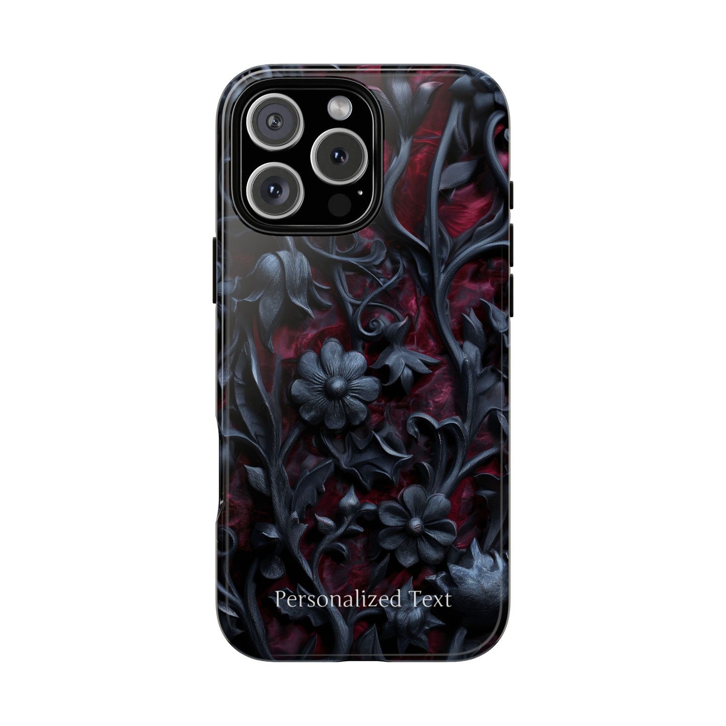 Gothic Floral Phone Case – Dark Red & Black Baroque Botanical Design with Optional Personalized Text