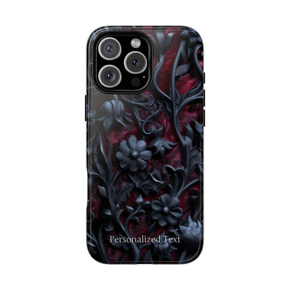 Gothic Floral Phone Case – Dark Red & Black Baroque Botanical Design with Optional Personalized Text