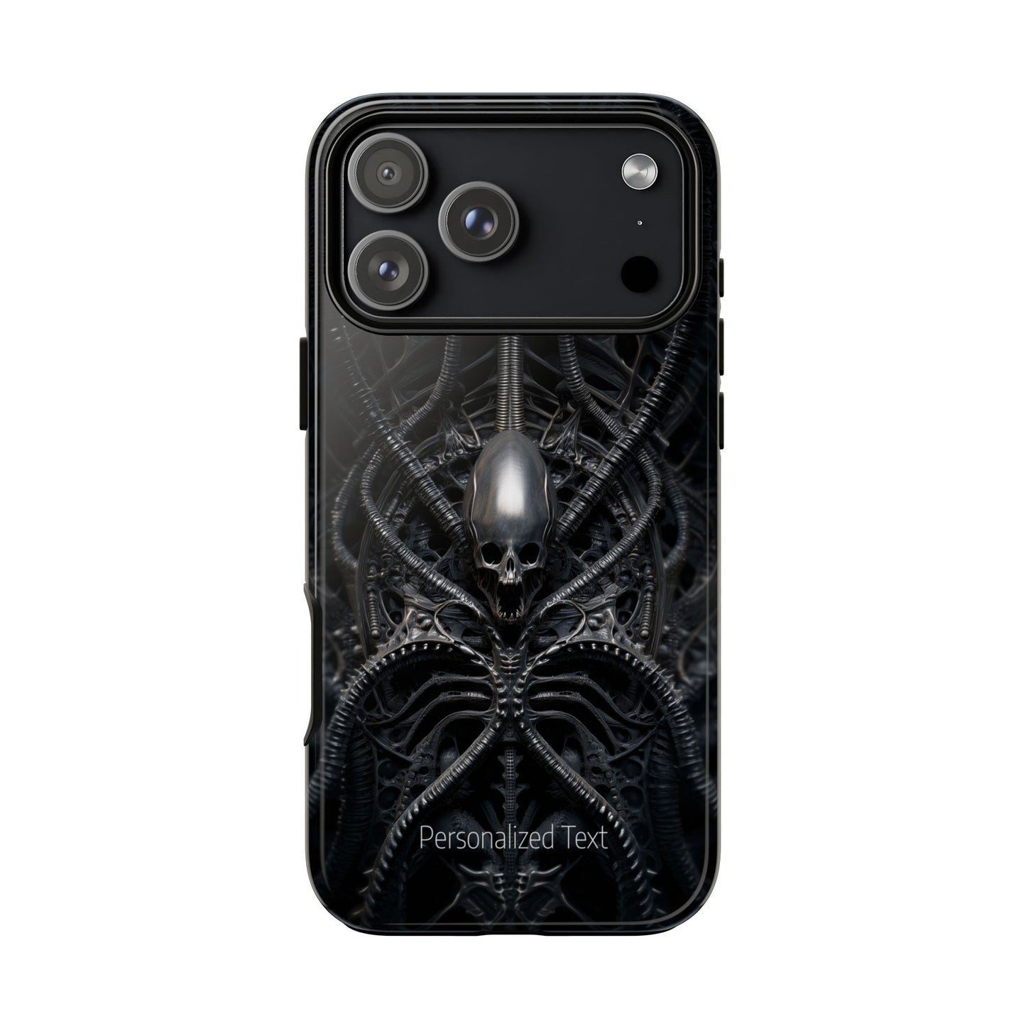 Biomechanical Skull Phone Case – Dark Sci-Fi Gothic Design with Optional Personalized Text