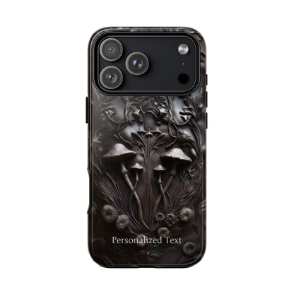 Dark Mushroom Phone Case – Gothic Forest Fungi Design with Optional Personalized Text, Naturecore Aesthetic Cover