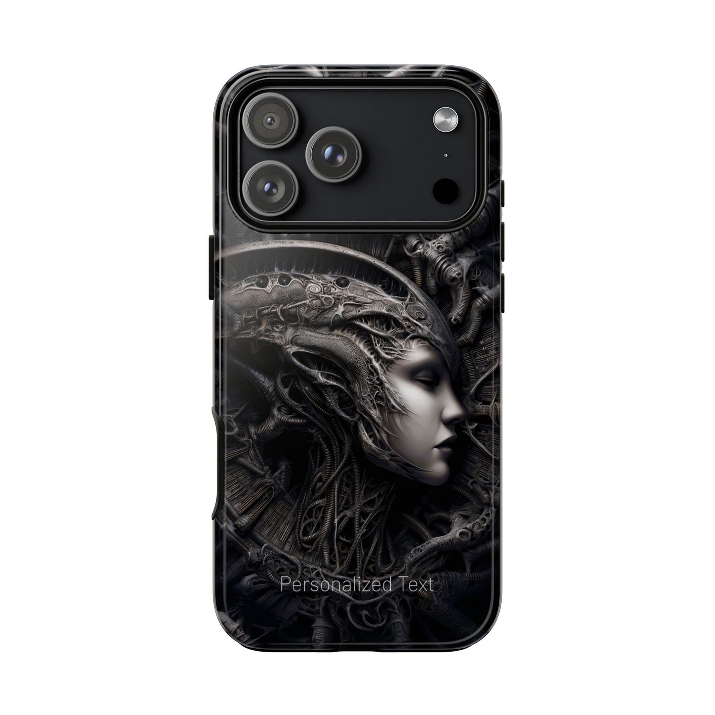 Biomechanical Gothic Phone Case – Dark Sci-Fi Alien Queen Portrait with Optional Personalized Text