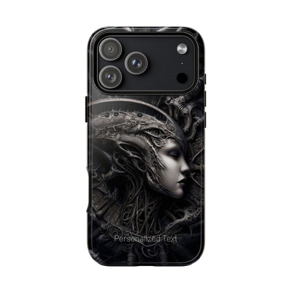 Biomechanical Gothic Phone Case – Dark Sci-Fi Alien Queen Portrait with Optional Personalized Text