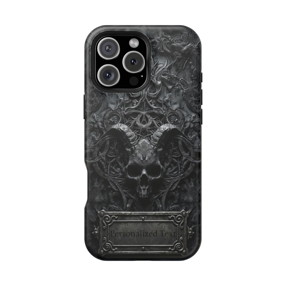 Gothic Demon Skull Phone Case – Dark Occult Horned Skull Art with Optional Personalized Text