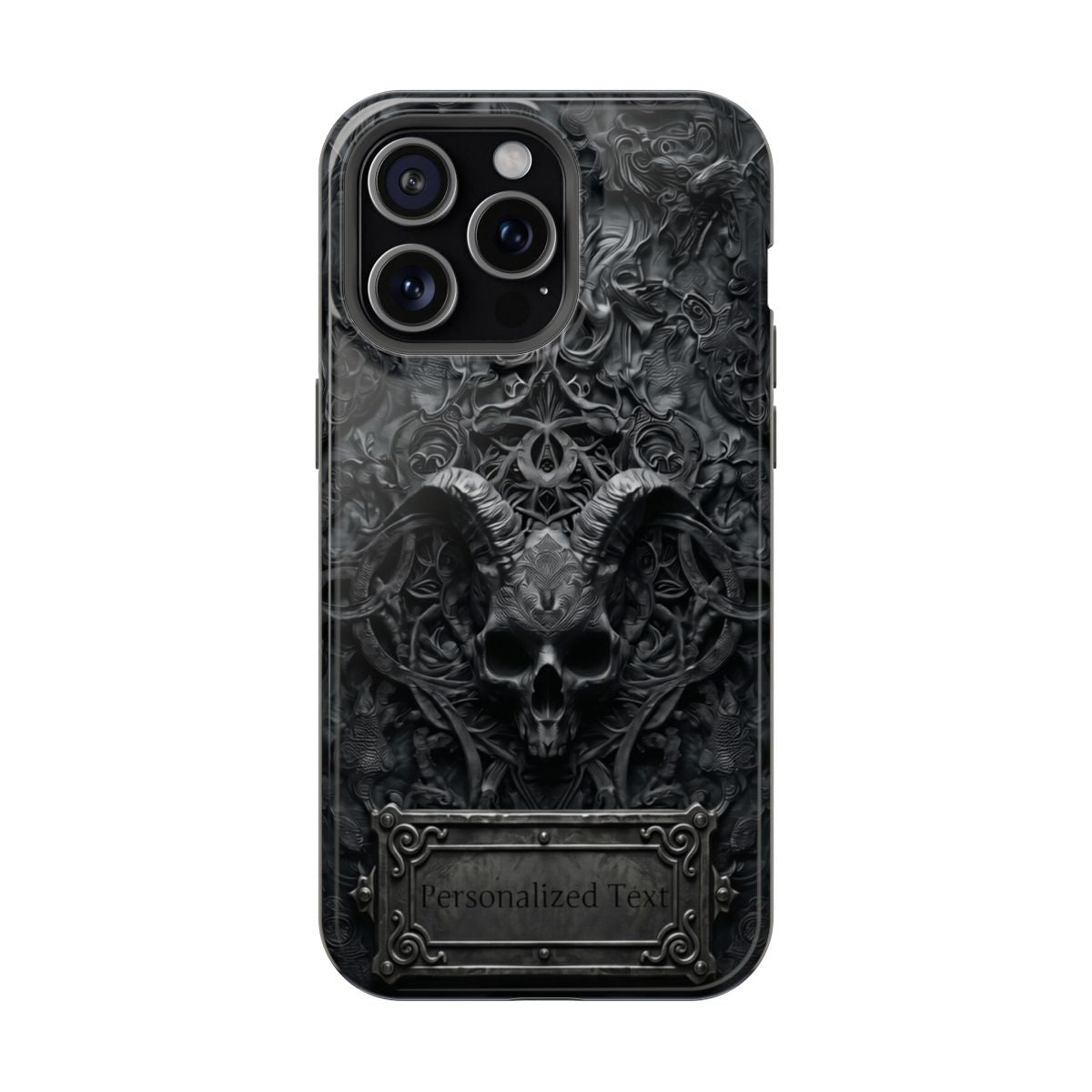Gothic Demon Skull Phone Case – Dark Occult Horned Skull Art with Optional Personalized Text