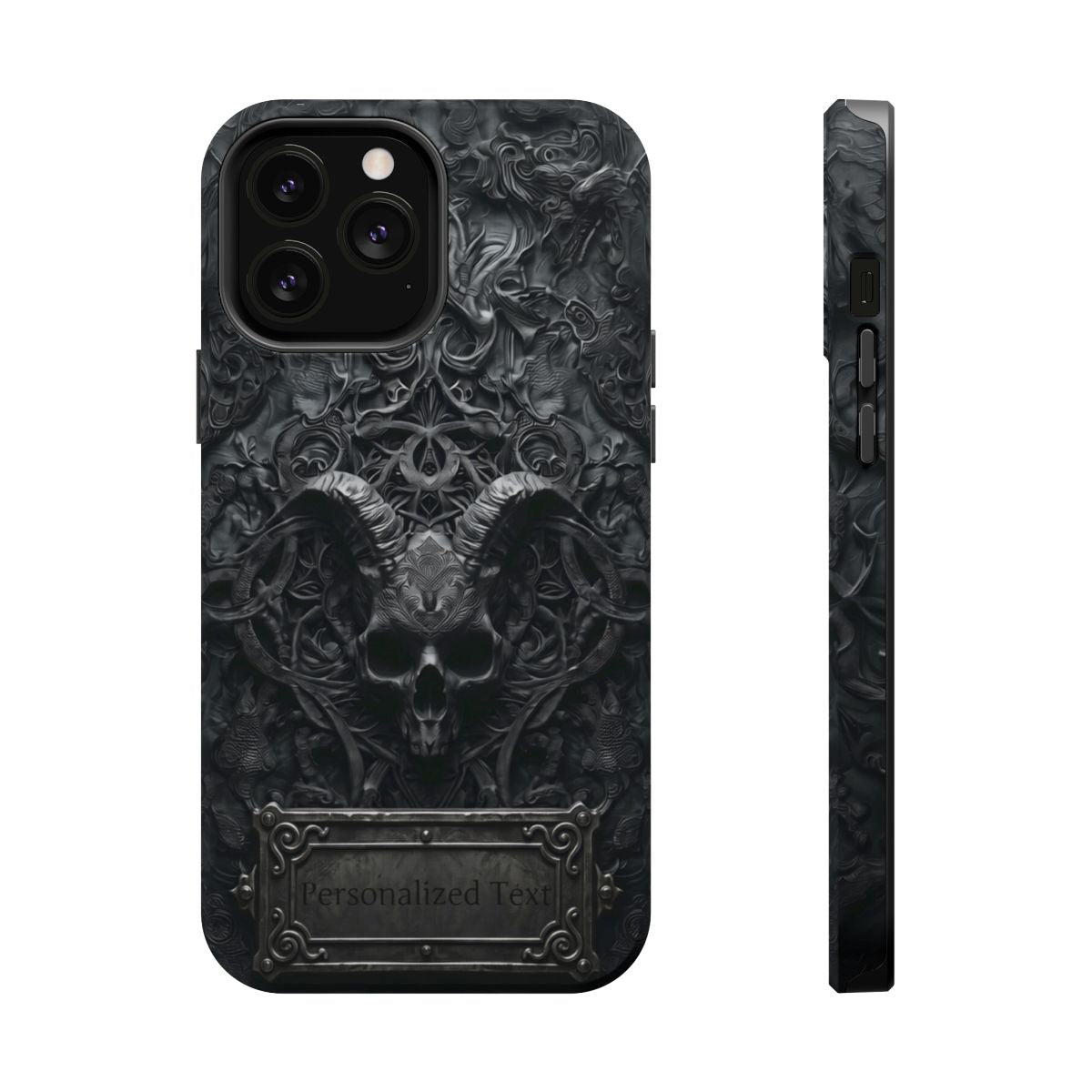 Gothic Demon Skull Phone Case – Dark Occult Horned Skull Art with Optional Personalized Text