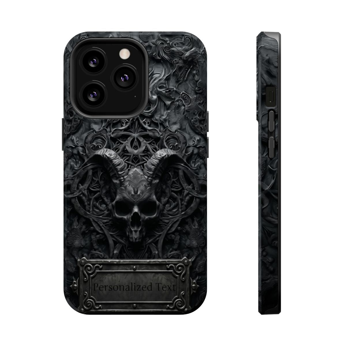 Gothic Demon Skull Phone Case – Dark Occult Horned Skull Art with Optional Personalized Text