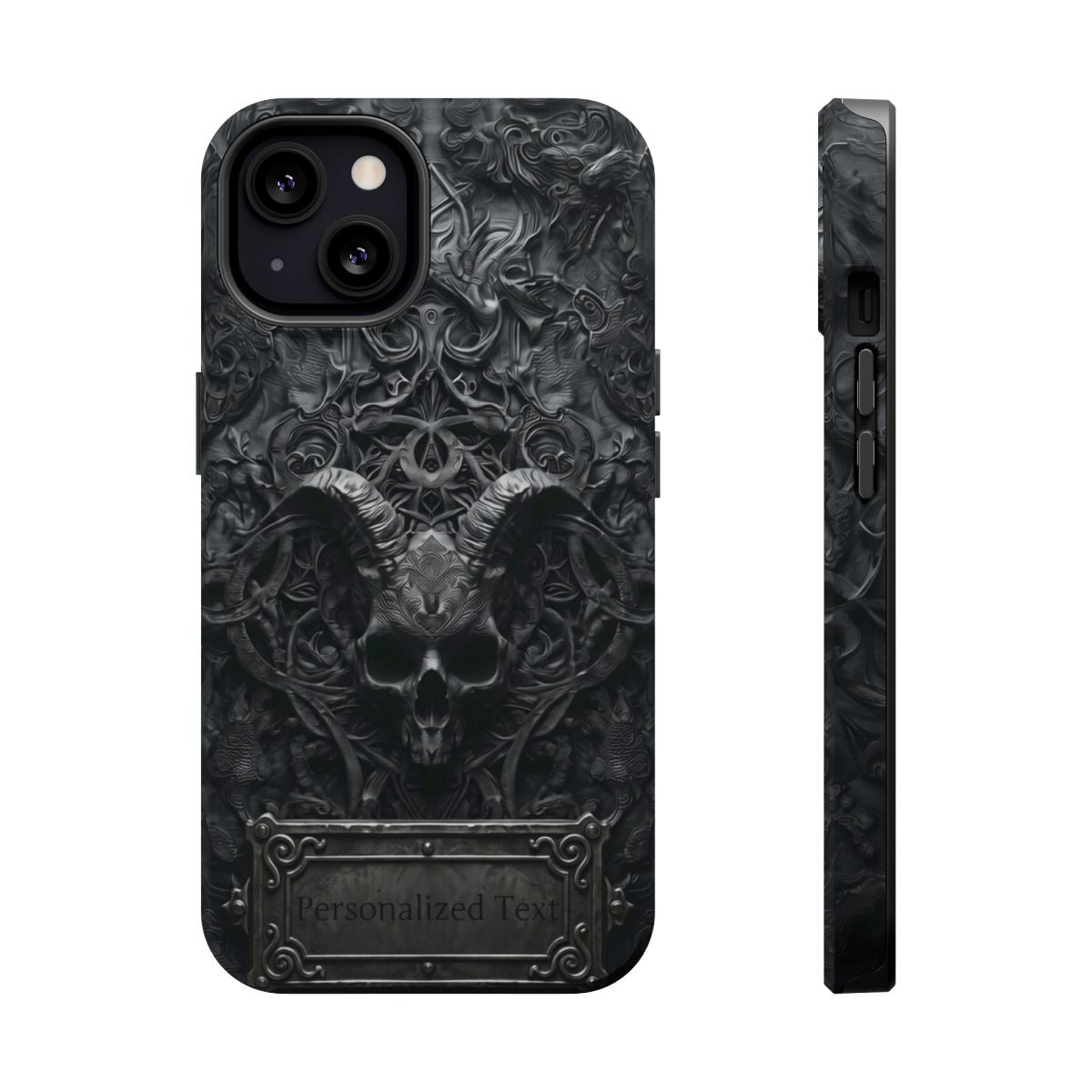 Gothic Demon Skull Phone Case – Dark Occult Horned Skull Art with Optional Personalized Text