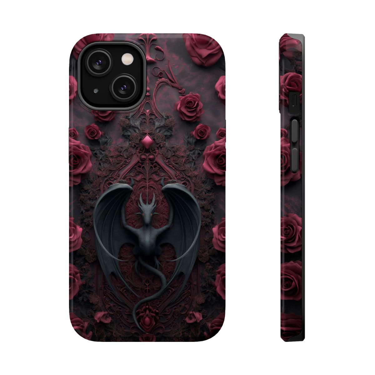 Gothic Dragon Rose Phone Case – Dark Fantasy Dragon with Crimson Roses and Optional Personalized Text