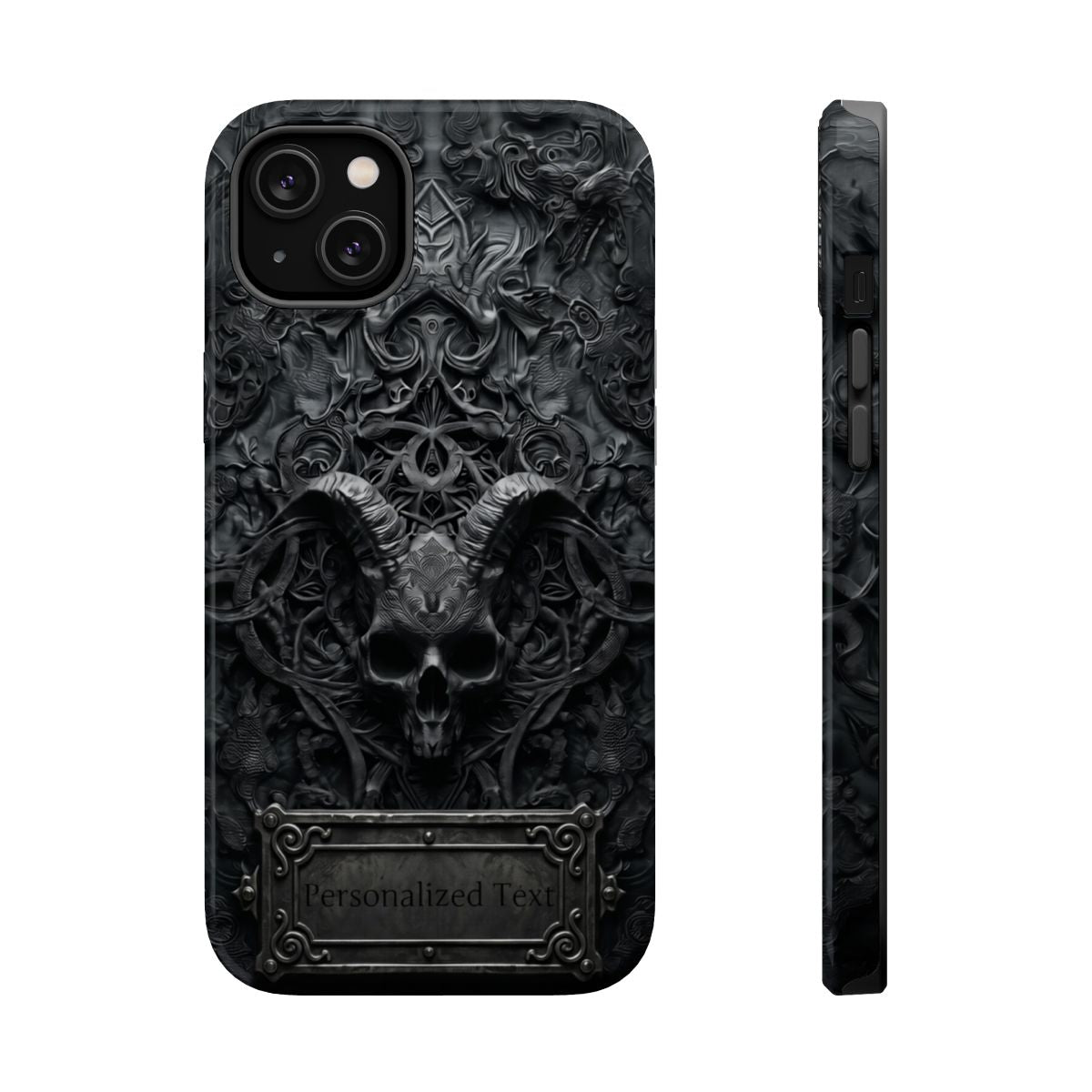 Gothic Demon Skull Phone Case – Dark Occult Horned Skull Art with Optional Personalized Text