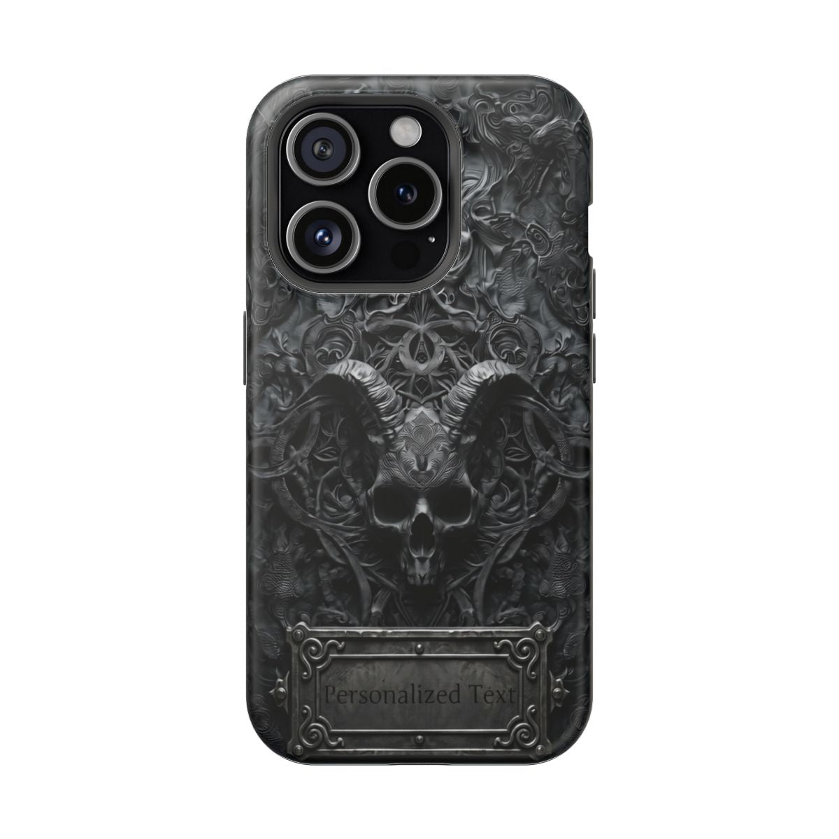Gothic Demon Skull Phone Case – Dark Occult Horned Skull Art with Optional Personalized Text