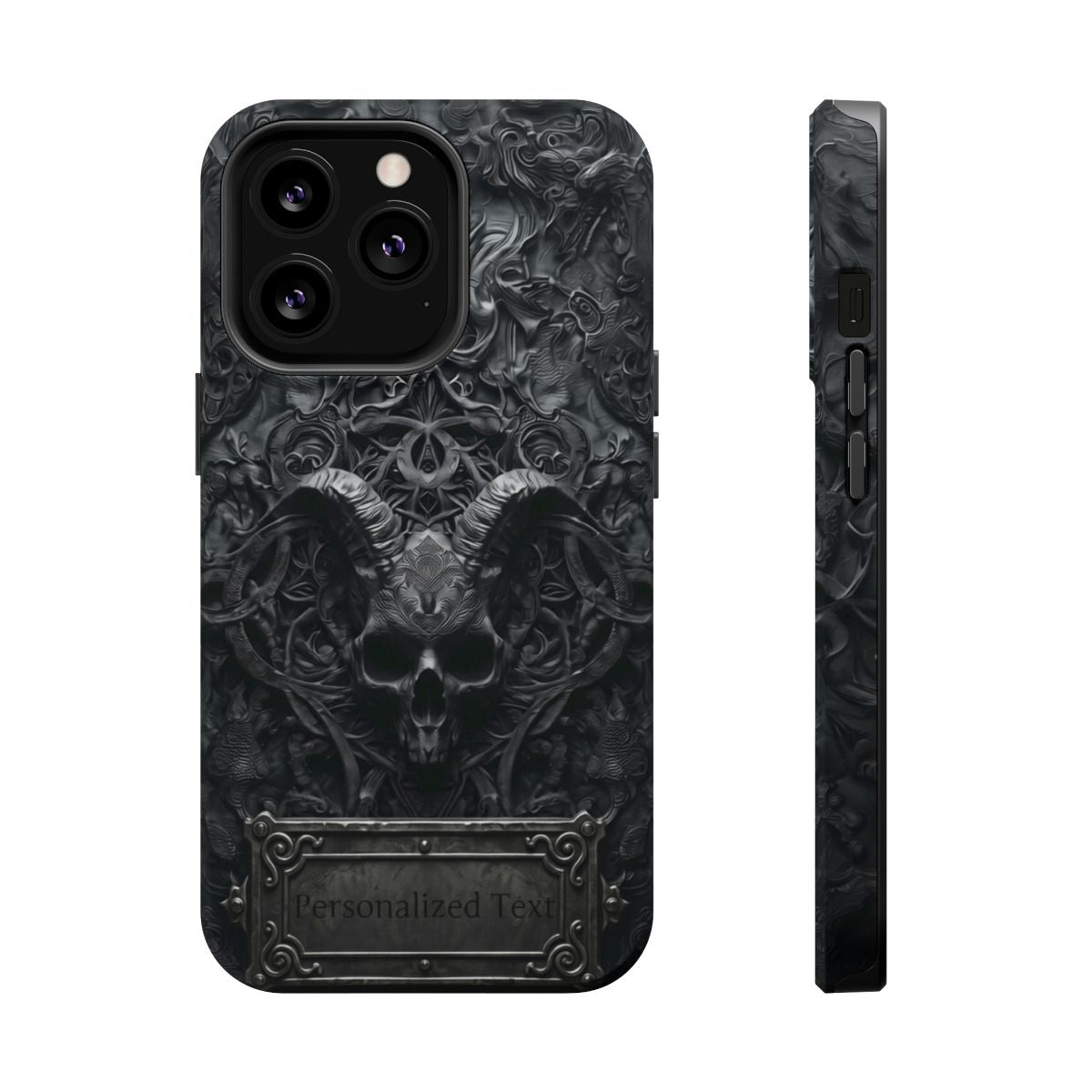 Gothic Demon Skull Phone Case – Dark Occult Horned Skull Art with Optional Personalized Text