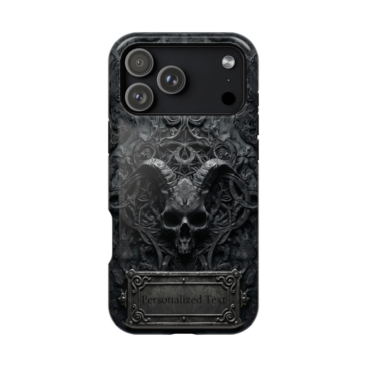 Gothic Demon Skull Phone Case – Dark Occult Horned Skull Art with Optional Personalized Text