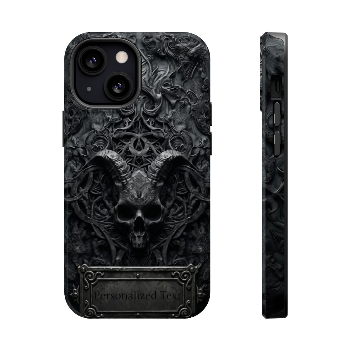 Gothic Demon Skull Phone Case – Dark Occult Horned Skull Art with Optional Personalized Text