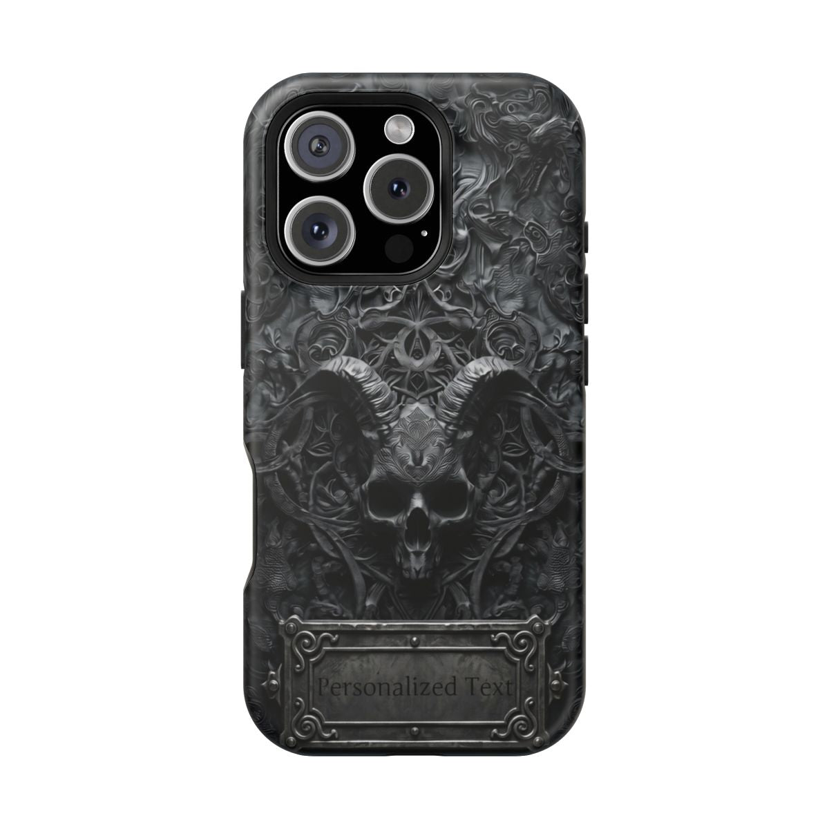 Gothic Demon Skull Phone Case – Dark Occult Horned Skull Art with Optional Personalized Text