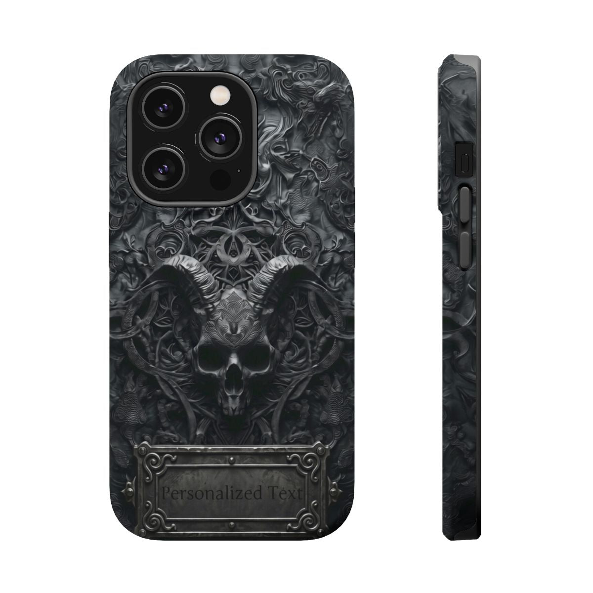 Gothic Demon Skull Phone Case – Dark Occult Horned Skull Art with Optional Personalized Text