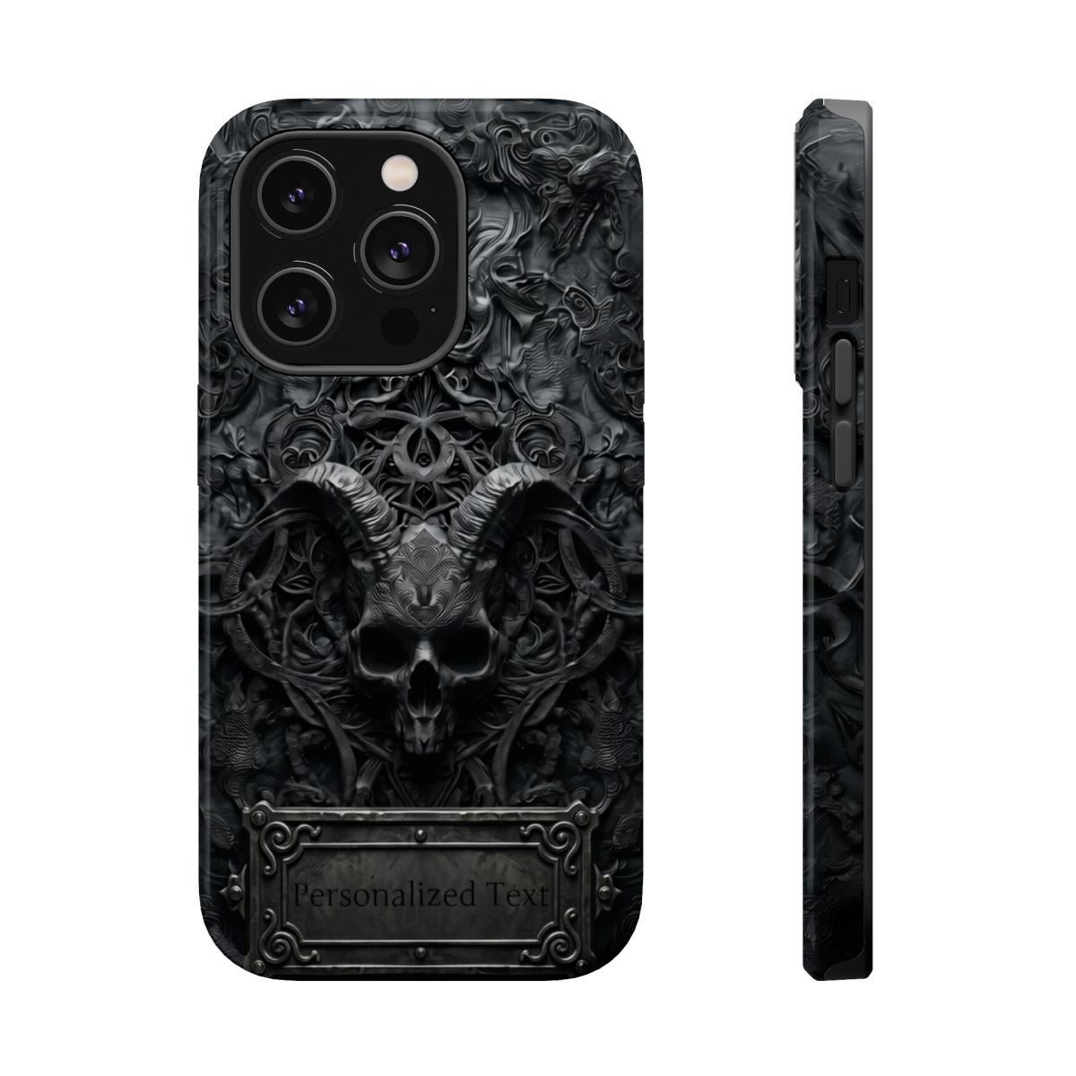 Gothic Demon Skull Phone Case – Dark Occult Horned Skull Art with Optional Personalized Text