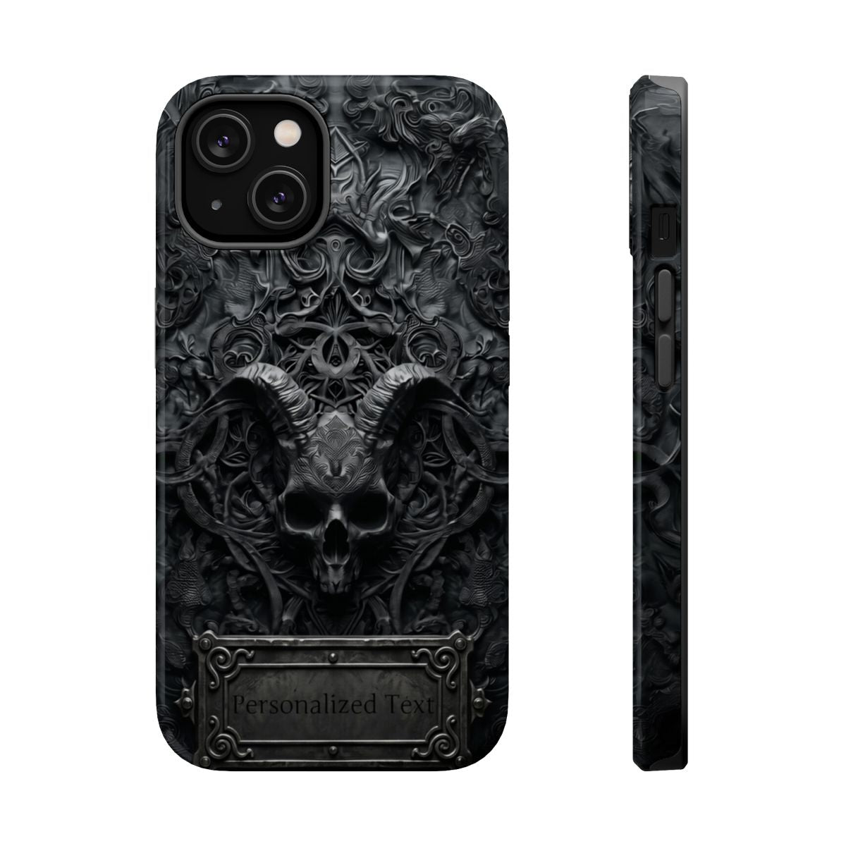 Gothic Demon Skull Phone Case – Dark Occult Horned Skull Art with Optional Personalized Text