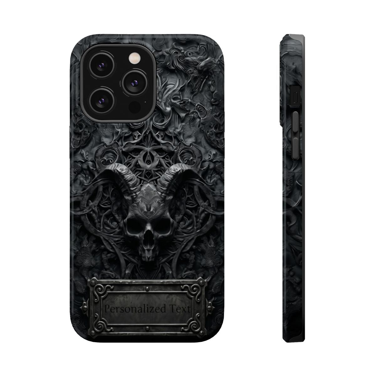 Gothic Demon Skull Phone Case – Dark Occult Horned Skull Art with Optional Personalized Text