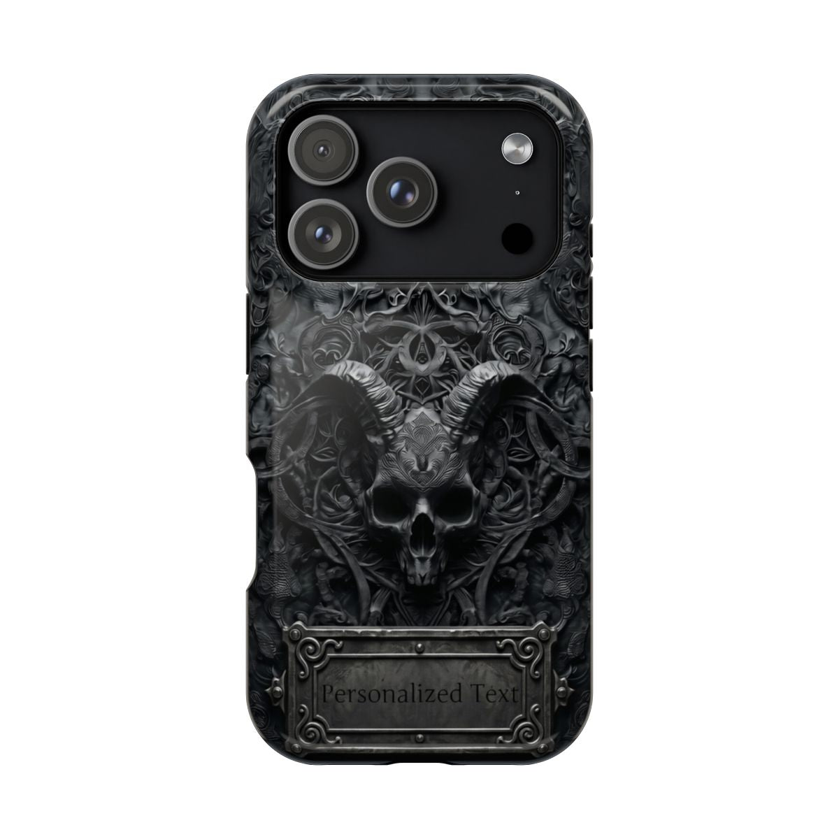 Gothic Demon Skull Phone Case – Dark Occult Horned Skull Art with Optional Personalized Text