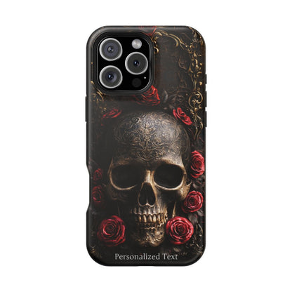 Personalized Gothic Skull and Red Roses Phone Case, Dark Floral Skeleton Case, Victorian Gothic Horror iPhone Samsung Galaxy Google Pixel Case
