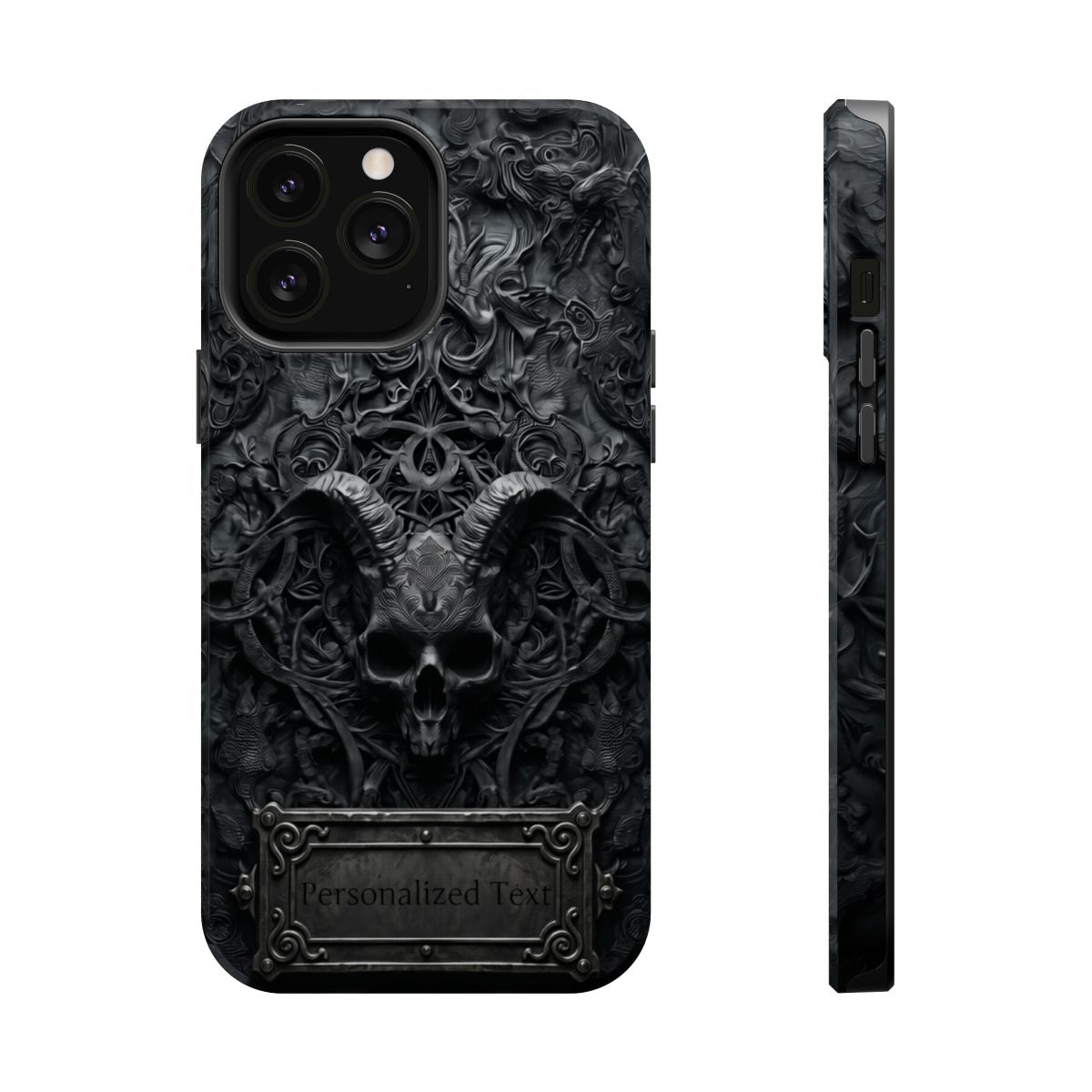 Gothic Demon Skull Phone Case – Dark Occult Horned Skull Art with Optional Personalized Text