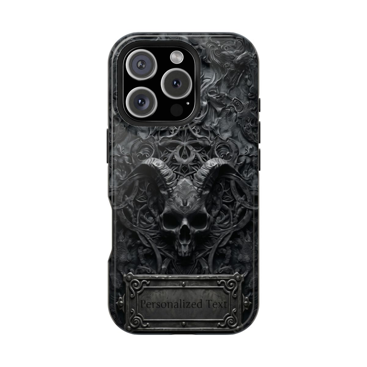 Gothic Demon Skull Phone Case – Dark Occult Horned Skull Art with Optional Personalized Text