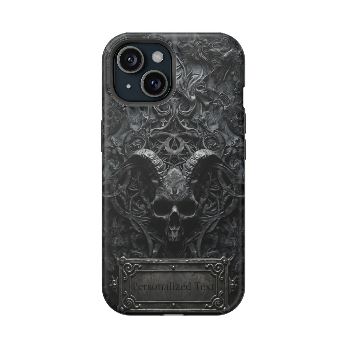 Gothic Demon Skull Phone Case – Dark Occult Horned Skull Art with Optional Personalized Text