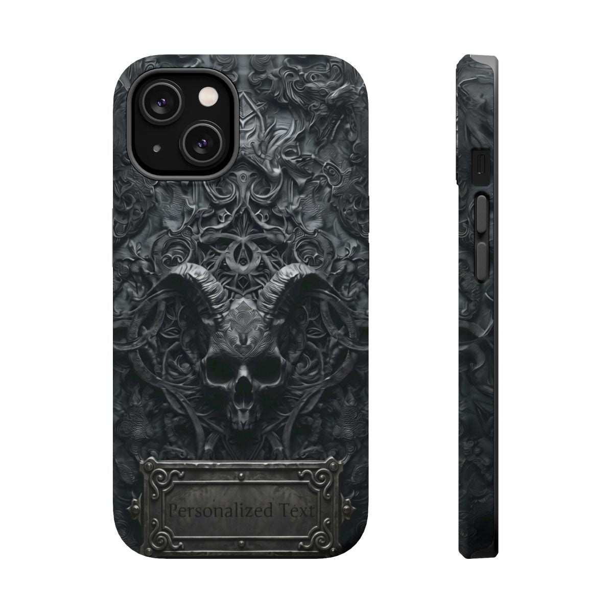 Gothic Demon Skull Phone Case – Dark Occult Horned Skull Art with Optional Personalized Text
