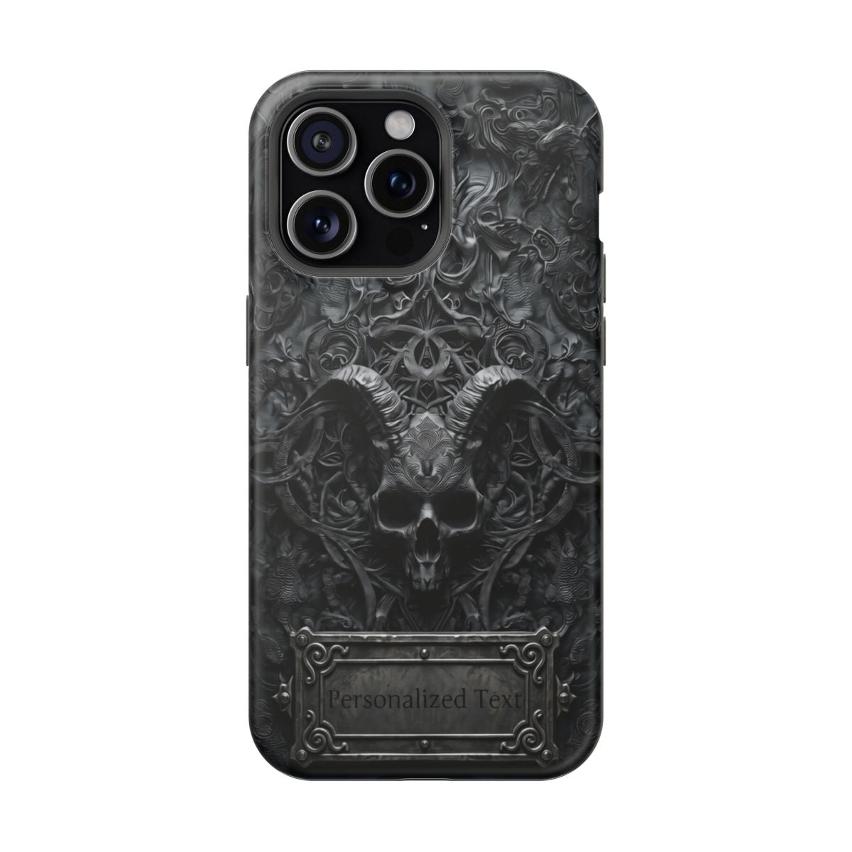 Gothic Demon Skull Phone Case – Dark Occult Horned Skull Art with Optional Personalized Text