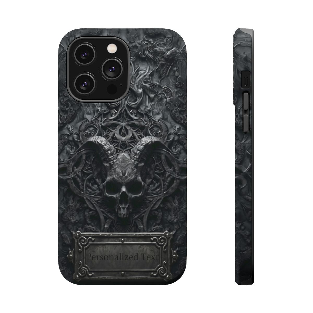 Gothic Demon Skull Phone Case – Dark Occult Horned Skull Art with Optional Personalized Text