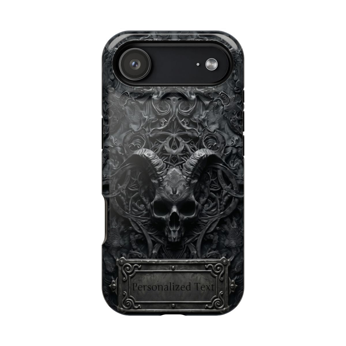 Gothic Demon Skull Phone Case – Dark Occult Horned Skull Art with Optional Personalized Text