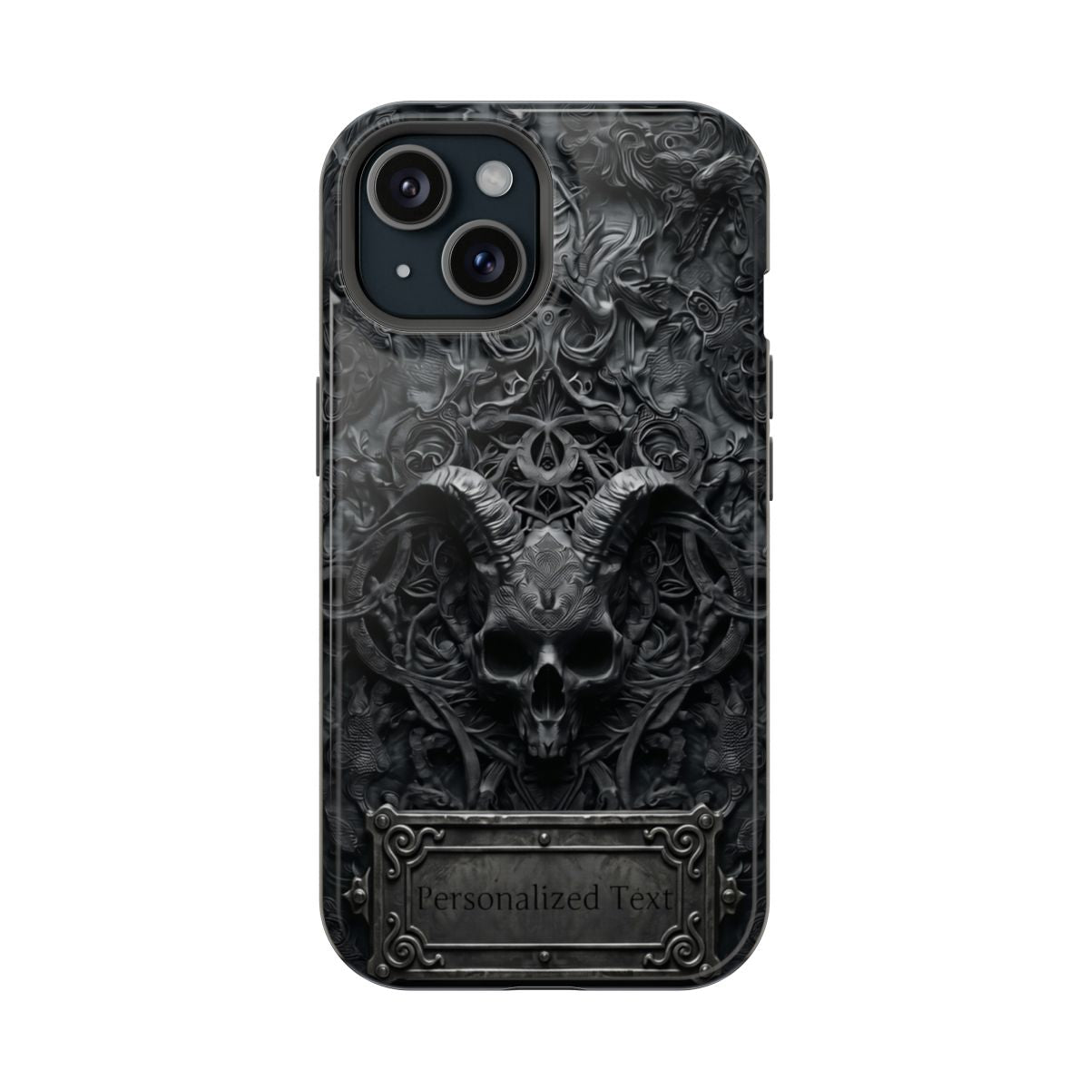 Gothic Demon Skull Phone Case – Dark Occult Horned Skull Art with Optional Personalized Text