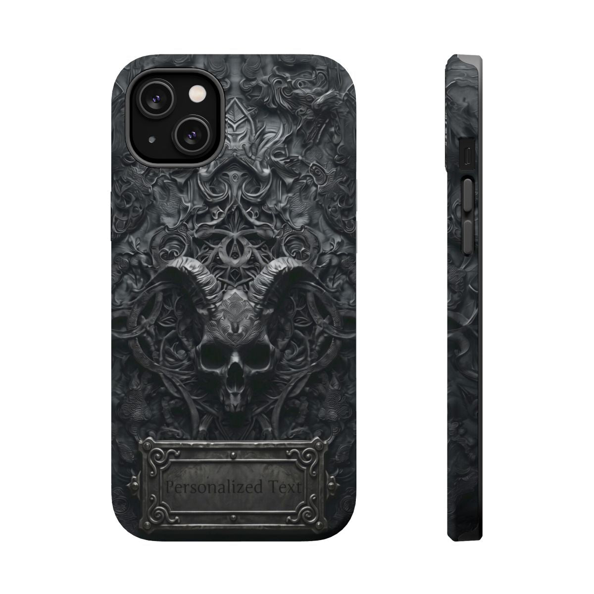 Gothic Demon Skull Phone Case – Dark Occult Horned Skull Art with Optional Personalized Text