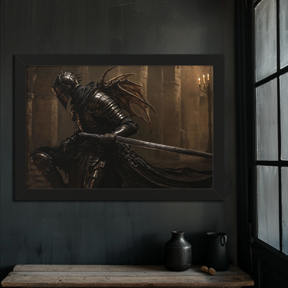 Framed Poster of a Dark Gothic Knight in Candlelit Medieval Castle - Fantasy Wall Art Decor