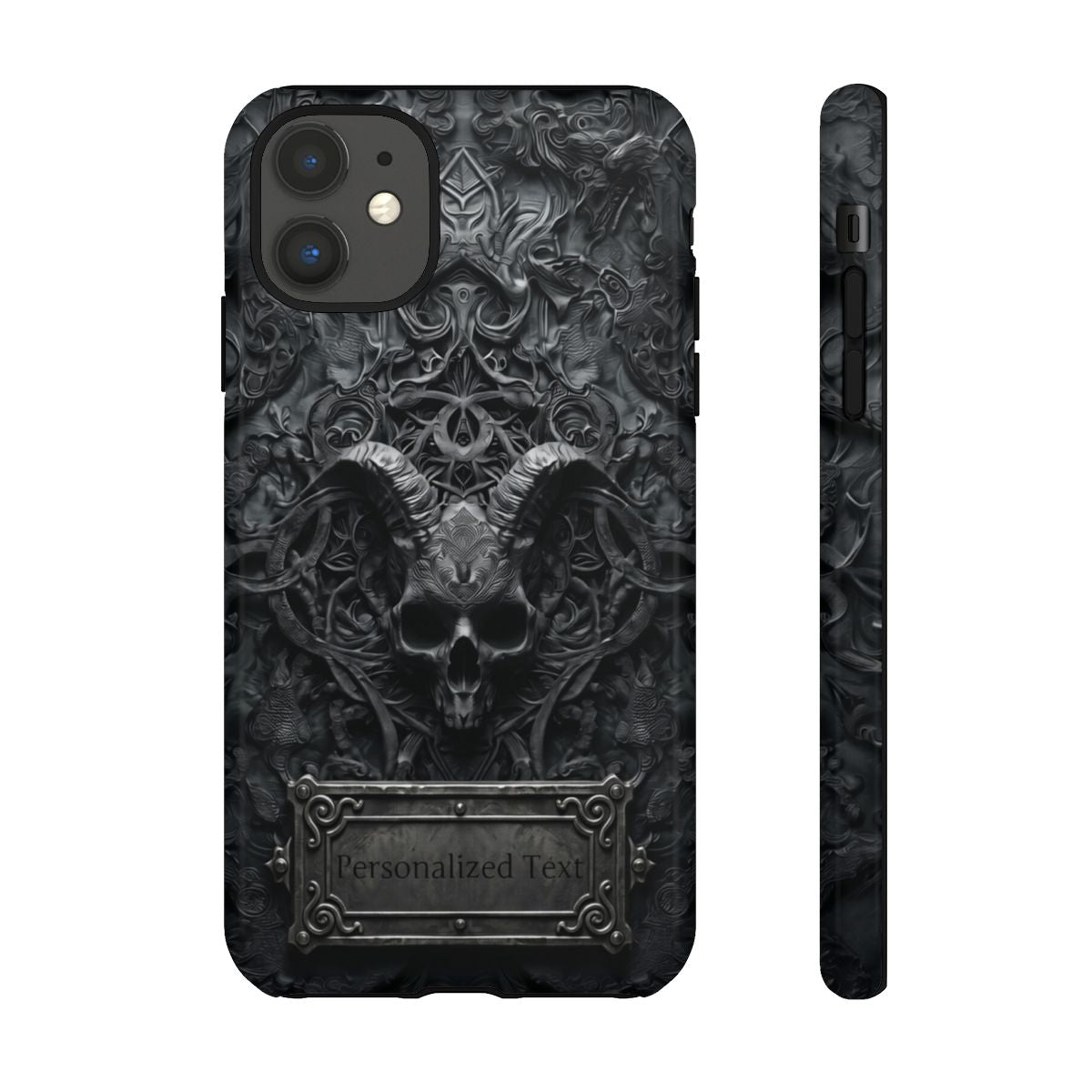 Gothic Demon Skull Phone Case – Dark Occult Horned Skull Art with Optional Personalized Text