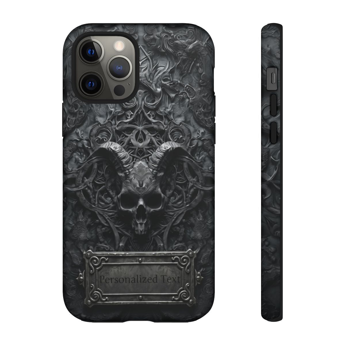 Gothic Demon Skull Phone Case – Dark Occult Horned Skull Art with Optional Personalized Text