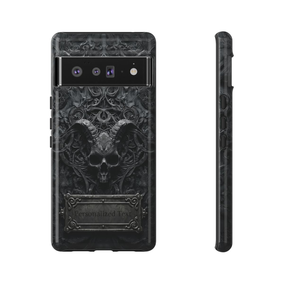 Gothic Demon Skull Phone Case – Dark Occult Horned Skull Art with Optional Personalized Text