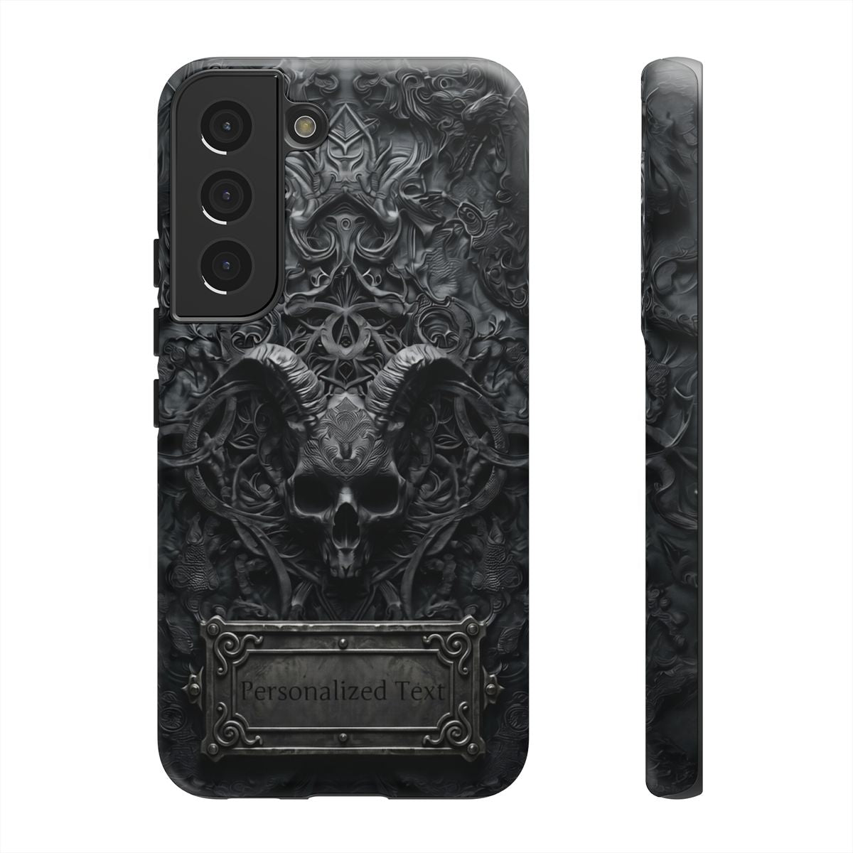 Gothic Demon Skull Phone Case – Dark Occult Horned Skull Art with Optional Personalized Text