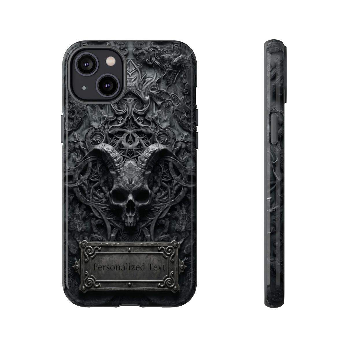 Gothic Demon Skull Phone Case – Dark Occult Horned Skull Art with Optional Personalized Text