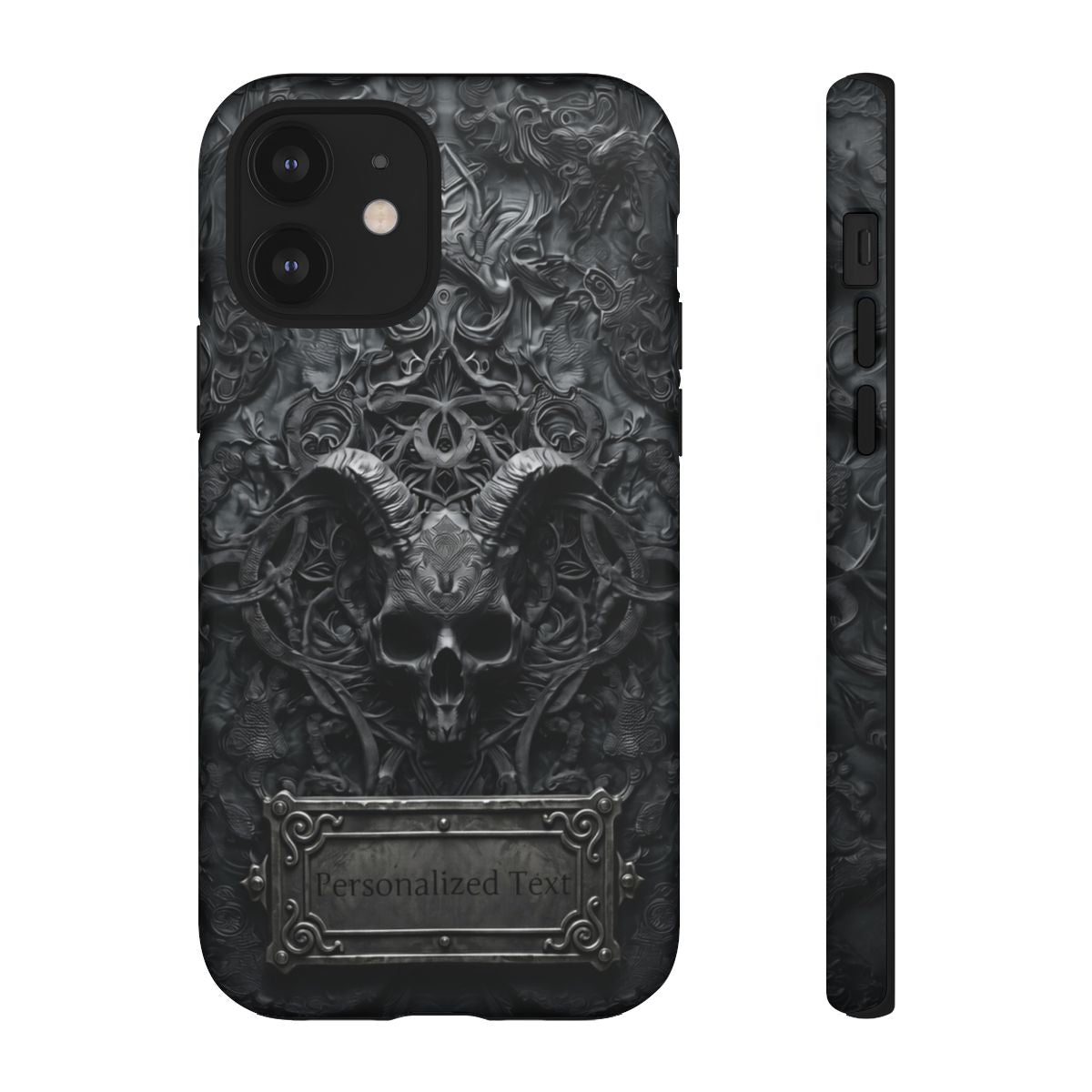 Gothic Demon Skull Phone Case – Dark Occult Horned Skull Art with Optional Personalized Text