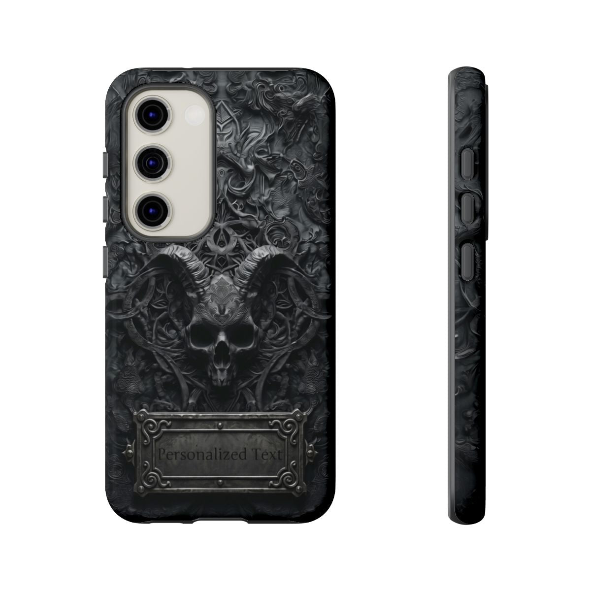 Gothic Demon Skull Phone Case – Dark Occult Horned Skull Art with Optional Personalized Text