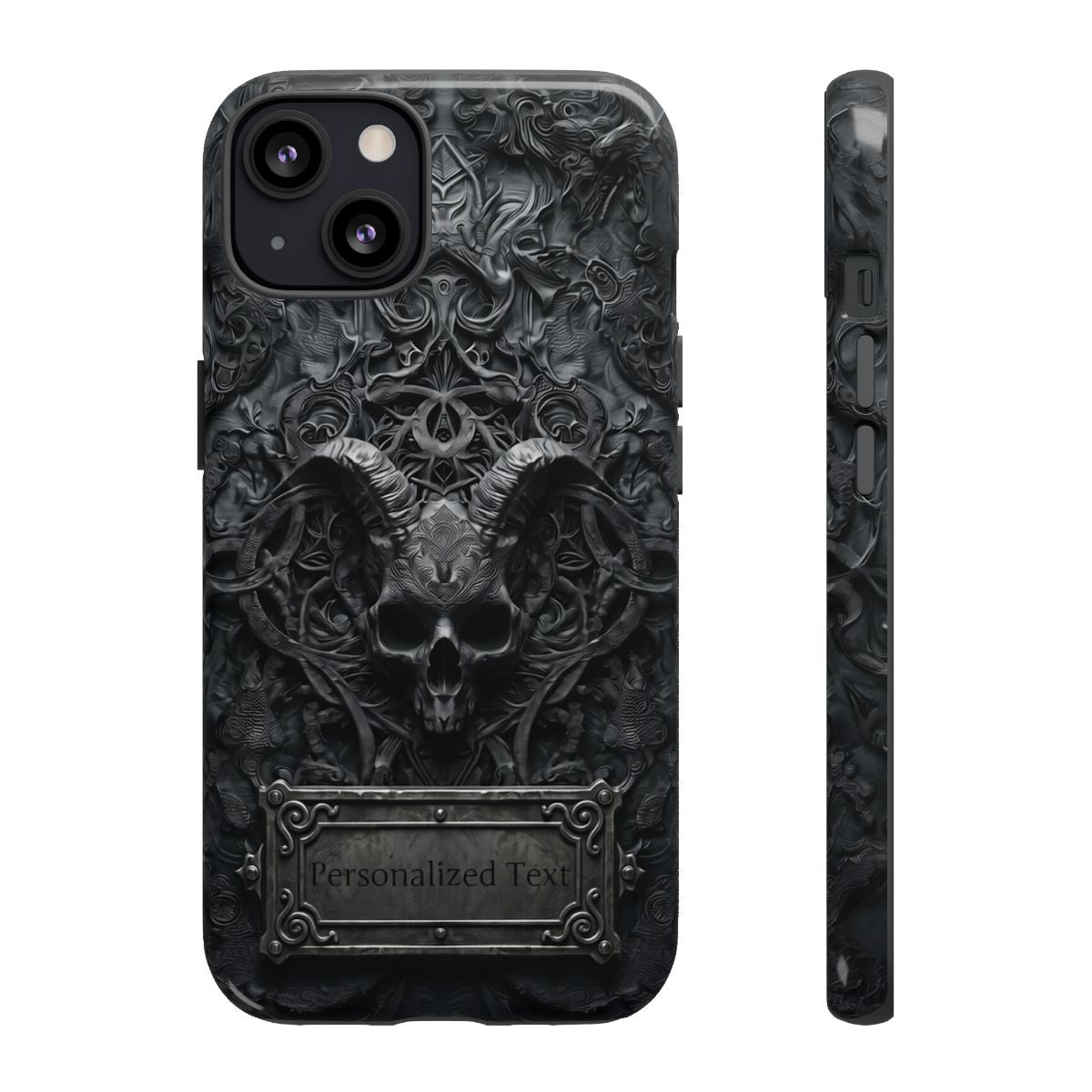 Gothic Demon Skull Phone Case – Dark Occult Horned Skull Art with Optional Personalized Text